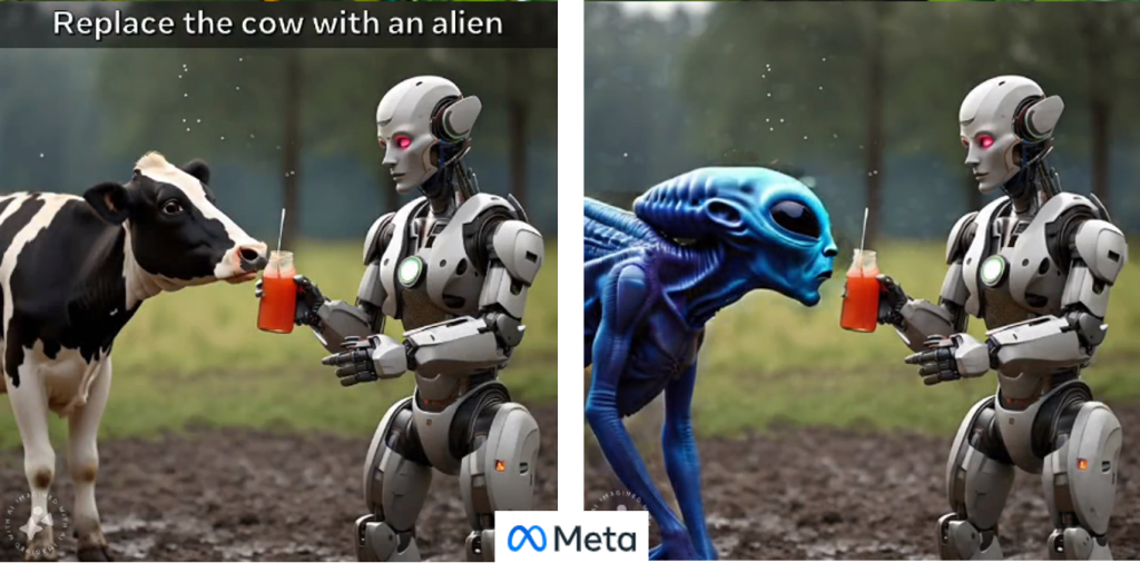 La plataforma publicitaria Meta muestra una imagen creada por Inteligencia Artificial en la que aparece un robot, un alienígena y una vaca.